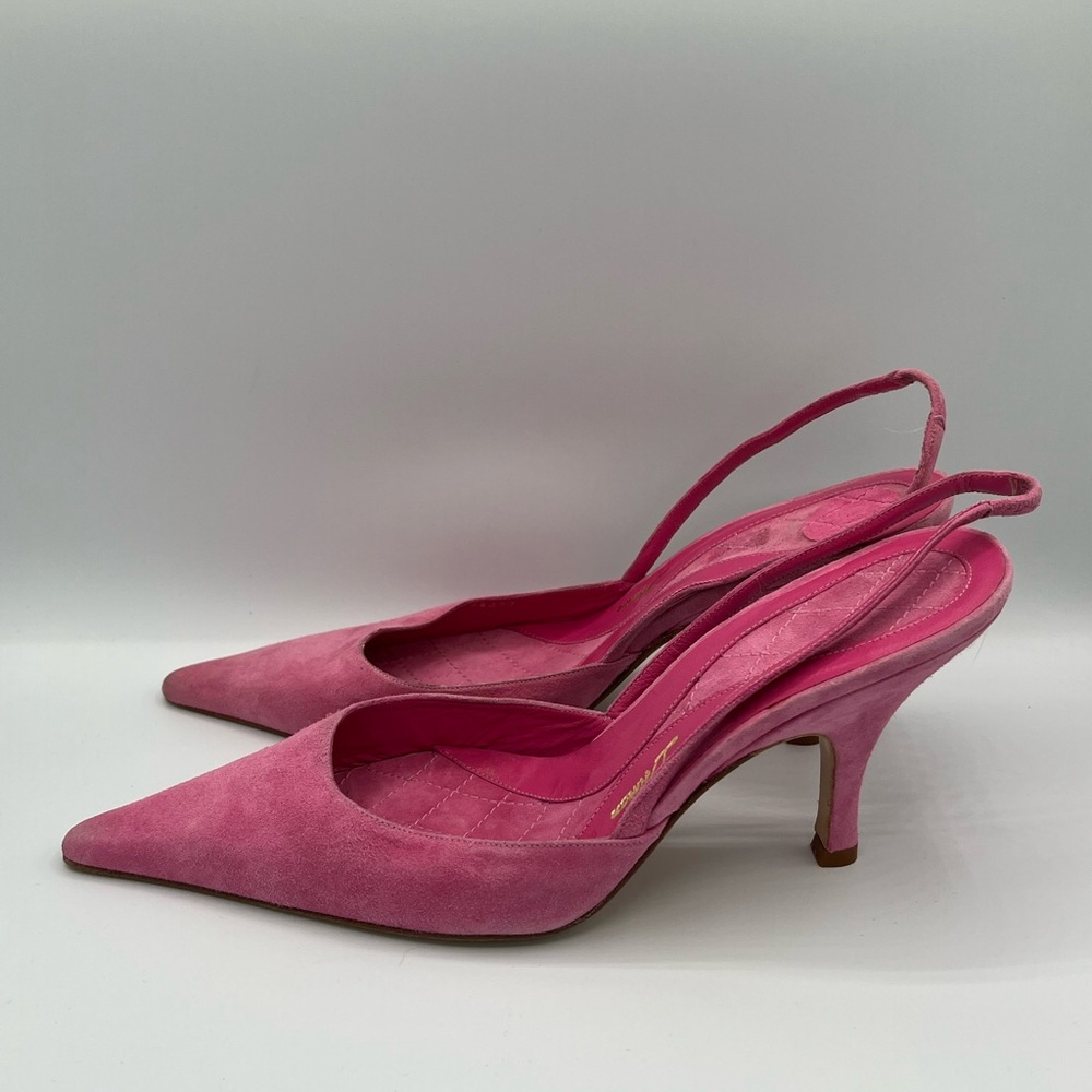 Delman Pointed Suede Slingback Kitten Heels in Hot Pink